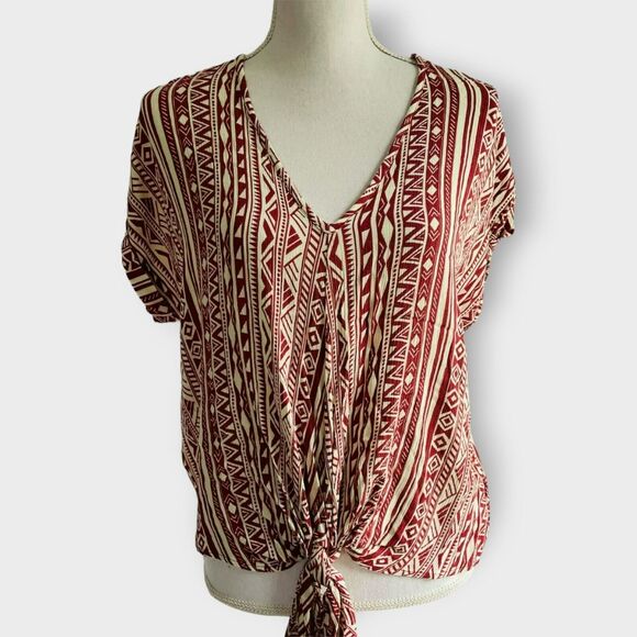 Entro Tribal Top Knotted Waist V Neck Relaxed Fit Red Short Sleeve Casual Small - Picture 3 of 11